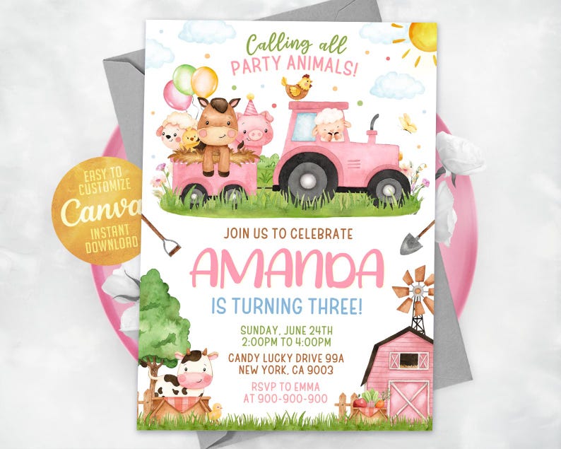 May include: A pink and white birthday invitation featuring a watercolour illustration of farm animals, a tractor, and a barn. The text reads "Calling all PARTY ANIMALS!" and "Amanda is turning three!" with details about the party date, time, and location.