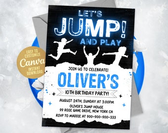 Glow Jump Birthday Invitation, Trampoline Party, Canva Editable Template