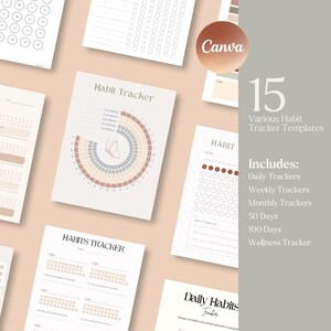 Habit Tracker Bundle Canva Editable Template, Digital & Printable Wellness Tracker Daily, Weekly, Monthly, 50 Day 100 Day Habit Tracker