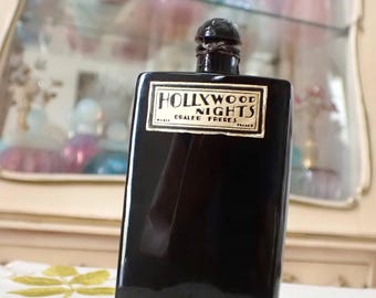 Vintage 1920s to 1930s CORDED & Sealed Oralee Freres HOLLYWOOD NIGHTS Extrait Parfum (Perfume) Approx 2 Oz Splash Black Art Deco Bottle