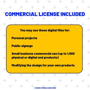 May include: A graphic with the text "COMMERCIAL LICENSE INCLUDED" in blue. A yellow rectangle lists uses for digital files: personal projects, public signage, small business commercial use, and modifying designs.