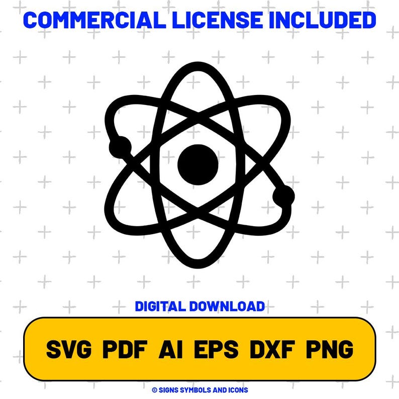 May include: Black and white atom symbol graphic with the text "COMMERCIAL LICENSE INCLUDED" at the top. The bottom of the image has a yellow rectangle with the text "SVG PDF AI EPS DXF PNG".