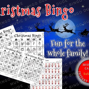 Jogo de Bingo de Natal para imprimir com 30 cartões exclusivos, 1 ou 2 por cartão para crianças, adolescentes ou adultos - Ótimo para festas ou para salas de aula