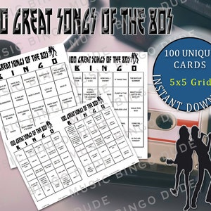 Tarjetas de bingo de música de los 80, éxitos musicales de la década de 1980, descarga digital, juegos de bingo, hojas de bingo imprimibles, 100 tarjetas únicas, 5x5, 1 o 2 por página