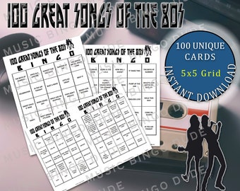 80's Music Bingo Cards, 1980s Music Hits, Digital Download, Bingo Games, Printable Bingo Sheets, 100 Unique Cards, 5x5, 1 or 2 Per Page
