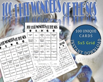 One Hit Wonders 80's Music Bingo, 80s Music Hits, Descarga digital, Juego de bingo, Hojas de bingo imprimibles, 100 tarjetas únicas, 5x5, 1-2 por página