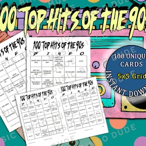100 Top Hits of the 90's Music Bingo 90s Music Hits Digital Download Bingo Game, Printable Bingo Sheets 100 Unique Cards 5x5 1-2 Per Page