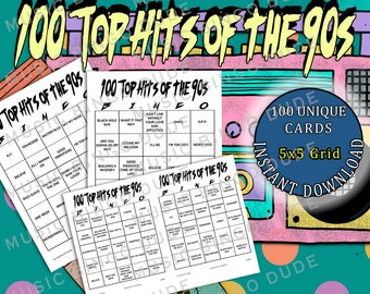 100 Top Hits of the 90's Music Bingo 90s Music Hits Digital Download Bingo Game, Printable Bingo Sheets 100 Unique Cards 5x5 1-2 Per Page