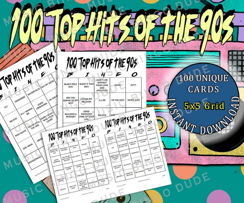 May include: Three printable bingo cards with a 5x5 grid featuring song titles from the 1990s. The cards are titled "100 Top Hits of the 90s". A blue circle with white text reads "100 Unique Cards 5x5 Grid Instant Download".