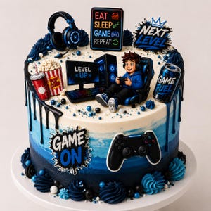 Könnte beinhalten: Ein runder Kuchen mit blau-weißem Ombré-Guss und schwarzem Drip. Die Dekoration umfasst eine Spielfigur im Stuhl, einen Monitor mit "LEVEL UP"-Text, ein "GAME ON"-Schild, eine "GAME FUEL"-Dose, Popcorn und einen schwarzen Game-Controller.