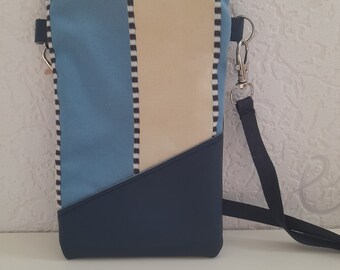Mobile phone bag to hang around, crossbody bag leather blue, trendy shoulder bag with stripes, handmade gift for women and men