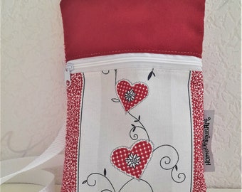 Mobile phone bag to hang around, crossbody bag made of red and white fabric, shoulder bag traditional costumes, summer bag, handmade gift