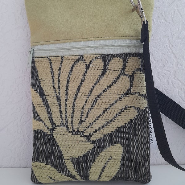 Handytasche zum Umhängen, Crossbody Bag Stoff grün-schwarz, trendige Umhängetasche mit Blume, handgemachtes Geschenk für Frauen und Männer