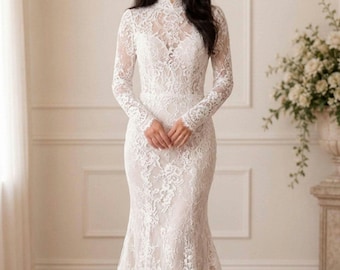 Chantilly Lace Wedding Dress, Long Sleeve Fit and Flare Bridal Gown, High Neck Modest