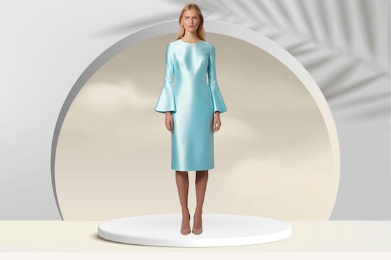 Satin Midi Dress: Light Blue Bell Sleeve Modest Fashion