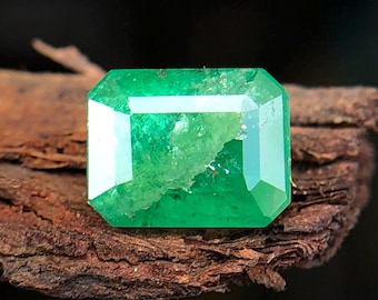 May include: A vibrant green emerald gemstone with an emerald cut. The gemstone is rectangular with beveled edges, displaying a rich, saturated color. It rests on a piece of textured, dark brown wood, creating a striking contrast.