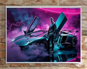 Neon Lamborghini Art Print: Modern Man Cave Decor (16x14)