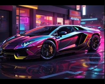 Lamborghini Aventador Neon Car Art Print: 2023 ULTIMAE (PDF Download 24x16in