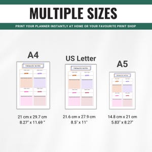 Pu&ograve; includere: Tre pagine di planner stampabili in diverse dimensioni: A4 (21 cm x 29,7 cm), US Letter (21,6 cm x 27,9 cm) e A5 (14,8 cm x 21 cm). Ogni pagina presenta una sezione "Note tematiche" con caselle colorate per scrivere.
