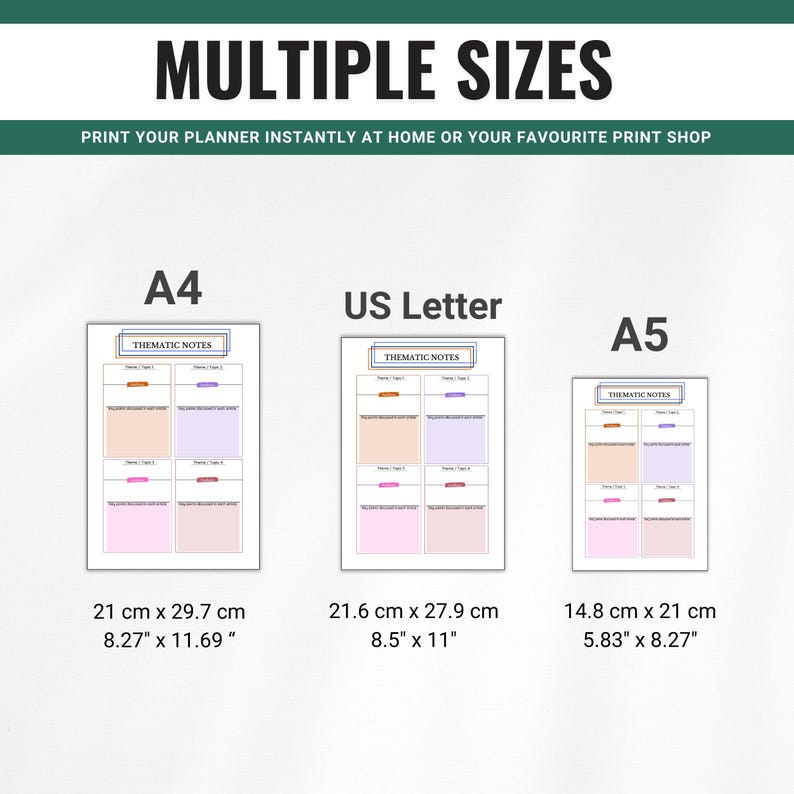 Pu&ograve; includere: Tre pagine di planner stampabili in diverse dimensioni: A4 (21 cm x 29,7 cm), US Letter (21,6 cm x 27,9 cm) e A5 (14,8 cm x 21 cm). Ogni pagina presenta una sezione "Note tematiche" con caselle colorate per scrivere.