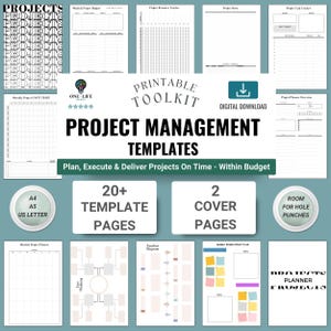 May include: Printable project management toolkit with 20+ templates and 2 cover pages. The toolkit includes a monthly project budget, project resource tracker, project notes, project task tracker, project planner overview, monthly project Gantt chart, project timeline diagram, and a Kanban board project plan. The toolkit is available as a digital download.