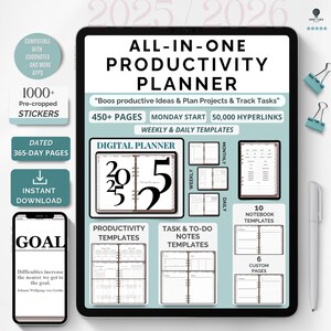 Op de afbeelding: Een digitale planner voor 2025 en 2026 met een zwart-wit ontwerp. De planner bevat productiviteitstemplates, taken- en to-do-notitietemplates, 10 notitieboektemplates en 6 aangepaste pagina's. De planner is compatibel met Goodnotes en andere apps.
