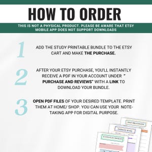 Pu&ograve; includere: Una guida in tre passaggi su come ordinare pacchetti di studio stampabili da Etsy. La guida include istruzioni su come aggiungere il pacchetto al carrello, effettuare l'acquisto e scaricare i file PDF. L'immagine mostra anche esempi di modelli di studio stampabili, tra cui una bibliografia di saggi, note tematiche e una lista di controllo del piano d'azione.