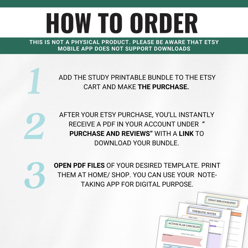 Pu&ograve; includere: Una guida in tre passaggi su come ordinare pacchetti di studio stampabili da Etsy. La guida include istruzioni su come aggiungere il pacchetto al carrello, effettuare l'acquisto e scaricare i file PDF. L'immagine mostra anche esempi di modelli di studio stampabili, tra cui una bibliografia di saggi, note tematiche e una lista di controllo del piano d'azione.