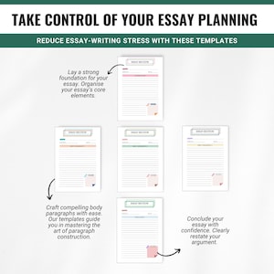Pu&ograve; includere: Modelli di pianificazione di saggi stampabili con bordi colorati. I modelli sono progettati per aiutarti a organizzare il tuo saggio, creare paragrafi del corpo convincenti e concludere il tuo saggio con sicurezza. Il testo sull'immagine dice "Prendi il controllo della pianificazione del tuo saggio. Riduci lo stress della scrittura di saggi con questi modelli."