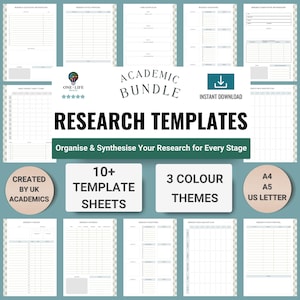 May include: A collage of printable research templates for academics. The templates are organised into categories such as research ethics, methodology, data analysis, and more. The templates are available in three colour themes and are printable in A4, A5, and US Letter sizes. The text on the image reads "Academic Bundle Research Templates Organise & Synthesise Your Research for Every Stage 10+ Template Sheets 3 Colour Themes A4 A5 US Letter Created by UK Academics Instant Download"