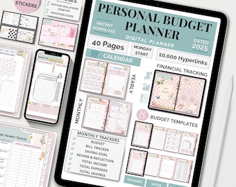 Digital Financial Planner 2025 Student Budgeting Expense Tracking Savings Goal Debt Payment Cash Flow Tax Investment Tracker Vintage Design