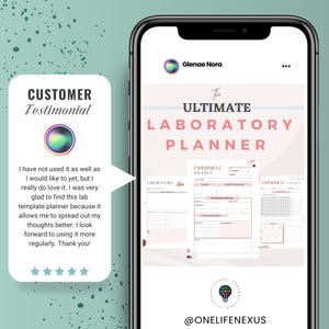 May include: A pink and white digital planner with the text "The Ultimate Laboratory Planner" and "@ONELIFENEXUS". The planner includes sections for "Laboratory", "Experiment Design", and "Experiment Layout".