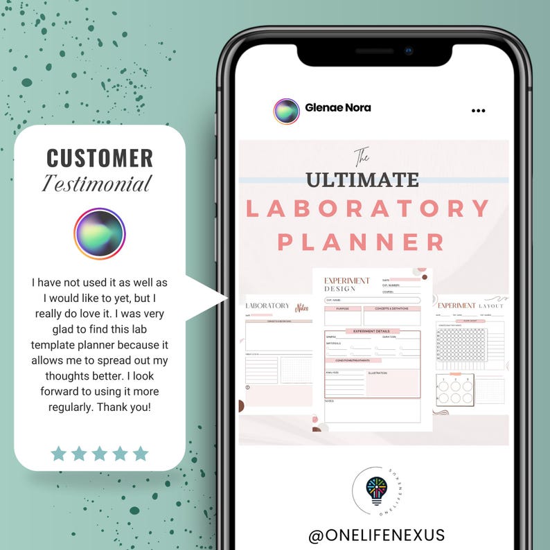 May include: A pink and white digital planner with the text "The Ultimate Laboratory Planner" and "@ONELIFENEXUS". The planner includes sections for "Laboratory", "Experiment Design", and "Experiment Layout".