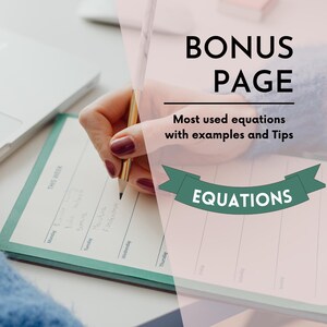 May include: A pink and green graphic with the text "BONUS PAGE" and "Most used equations with examples and Tips". Below the text is a green ribbon with the text "EQUATIONS".