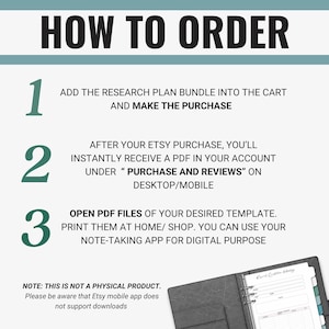 Puede incluir: Un gr&aacute;fico verde y blanco con instrucciones sobre c&oacute;mo pedir un paquete de plan de investigaci&oacute;n. El gr&aacute;fico incluye el texto "HOW TO ORDER" y pasos numerados. Los pasos incluyen agregar el paquete al carrito, realizar la compra y descargar el archivo PDF.
