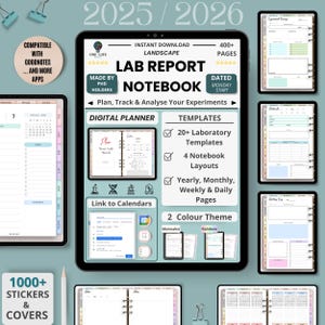May include: Digital lab report notebook for 2025/2026, compatible with GoodNotes and other apps. Features include 400+ pages, 20+ laboratory templates, and yearly, monthly, weekly, and daily pages. Includes 1000+ stickers and covers.