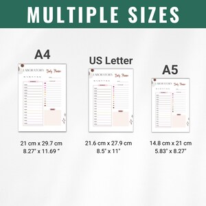 May include: Three different sizes of daily planner templates are shown. The templates are labeled "A4", "US Letter", and "A5". The templates are all white with a light pink and brown design. The text "LABORATORY Daily Planner" is at the top of each template.