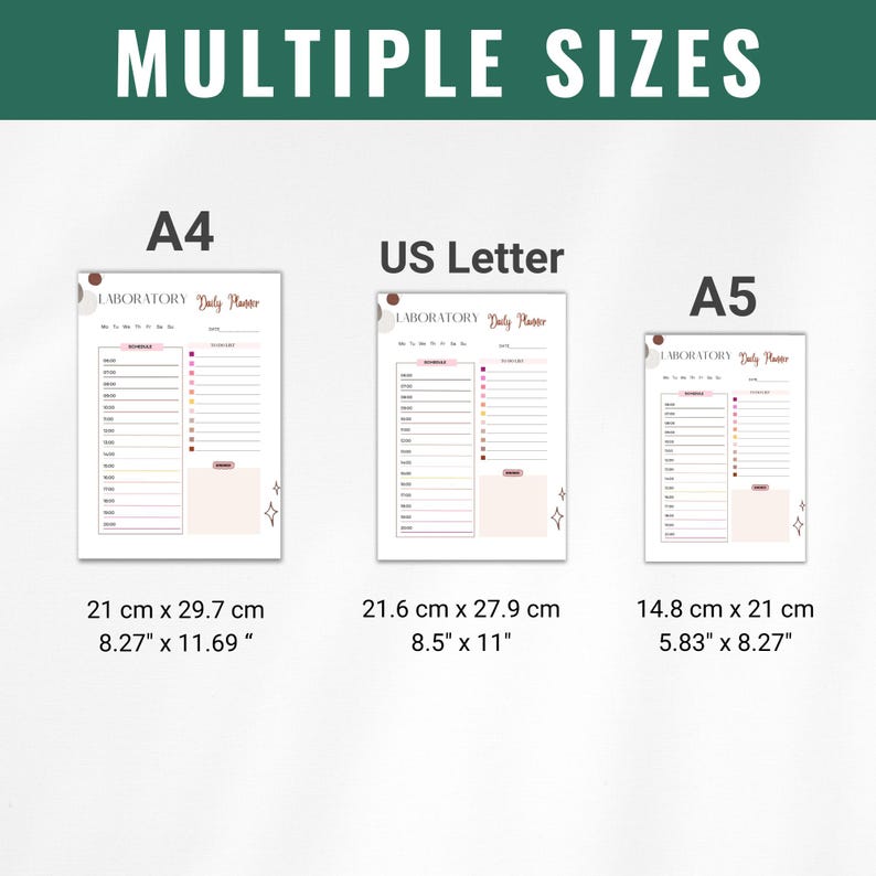 May include: Three different sizes of daily planner templates are shown. The templates are labeled "A4", "US Letter", and "A5". The templates are all white with a light pink and brown design. The text "LABORATORY Daily Planner" is at the top of each template.