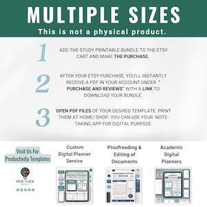 May include: A graphic showing three steps to purchase a digital planner bundle. The steps are: 1. Add to cart and make the purchase. 2. Receive a PDF in your account under "Purchase and Reviews" with a link to download your bundle. 3. Open PDF files of your desired template, print them at home/shop. You can use your note-taking app for digital purpose. The graphic also shows four different types of digital planners: Custom Digital Planner Service, Proofreading & Editing of Documents, Academic Digital Planners.