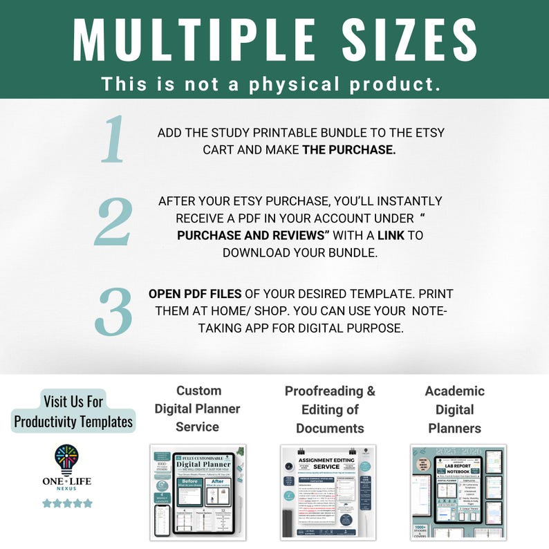 May include: A graphic showing three steps to purchase a digital planner bundle. The steps are: 1. Add to cart and make the purchase. 2. Receive a PDF in your account under "Purchase and Reviews" with a link to download your bundle. 3. Open PDF files of your desired template, print them at home/shop. You can use your note-taking app for digital purpose. The graphic also shows four different types of digital planners: Custom Digital Planner Service, Proofreading & Editing of Documents, Academic Digital Planners.