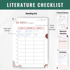 May include: A printable checklist for literature review with sections for reading list, protocol planner, materials checklist, and lab notes. The reading list section has columns for title, citation, and notes. The date is 10-06-2022.