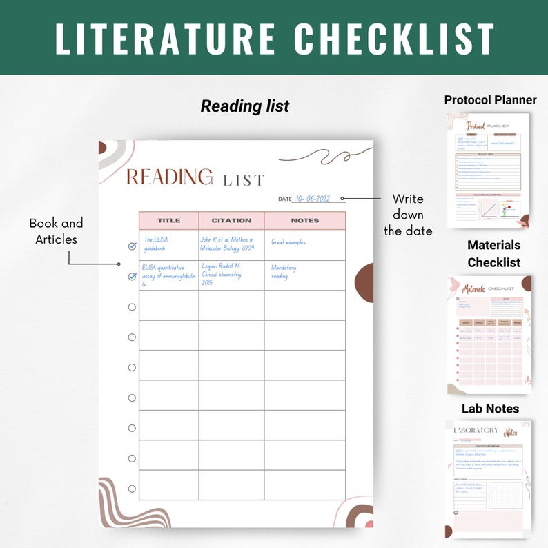 May include: A printable checklist for literature review with sections for reading list, protocol planner, materials checklist, and lab notes. The reading list section has columns for title, citation, and notes. The date is 10-06-2022.