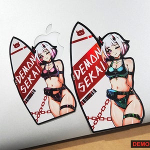 Surf&#39;s Up! Demon Waifu Sticker - Holographic Vinyl Sticker Edition with 3D Textures // Anime Stickers Season 02