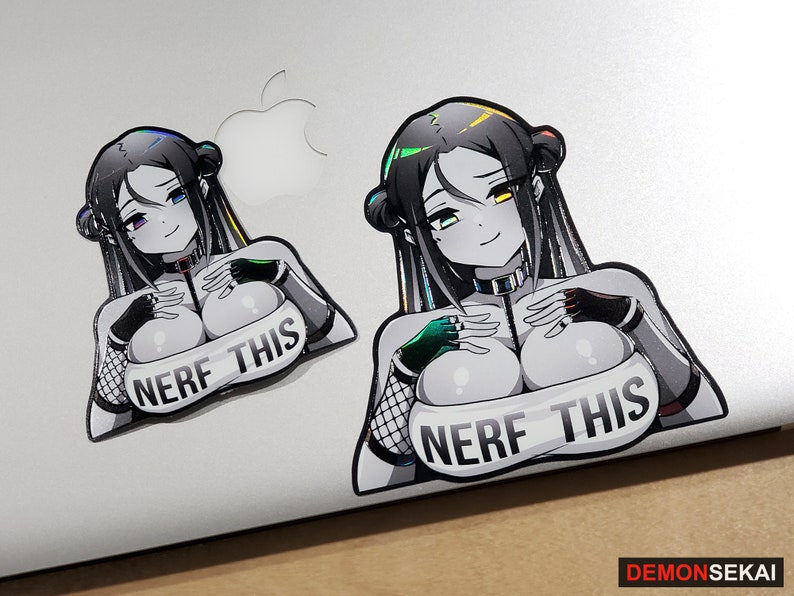 May include: A sticker featuring a black and white illustration of a woman with long black hair and a colorful iridescent design. The woman is wearing a black and white outfit and a choker. The sticker has the text "NERF THIS" on it.