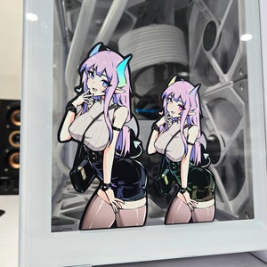 May include: Two anime-style stickers of a female character with purple hair, blue eyes, and a white shirt with a black skirt. The stickers are placed on the glass side panel of a white computer case.