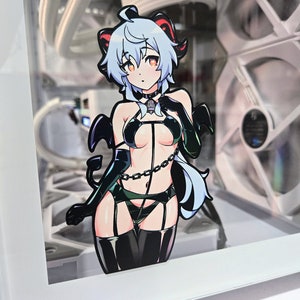 May include: A sticker of an anime character with blue hair, red horns, and black clothing. The character is wearing a black choker with a silver charm. The sticker is on a clear glass surface.