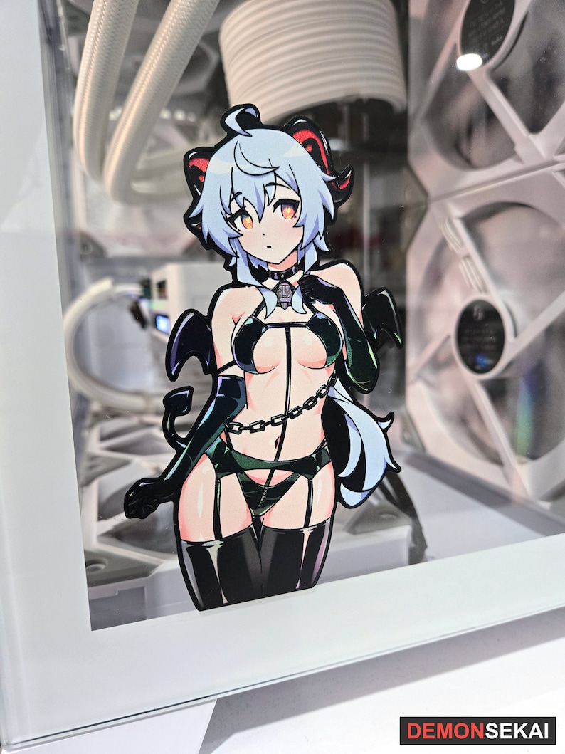 May include: A sticker of an anime character with blue hair, red horns, and black clothing. The character is wearing a black choker with a silver charm. The sticker is on a clear glass surface.