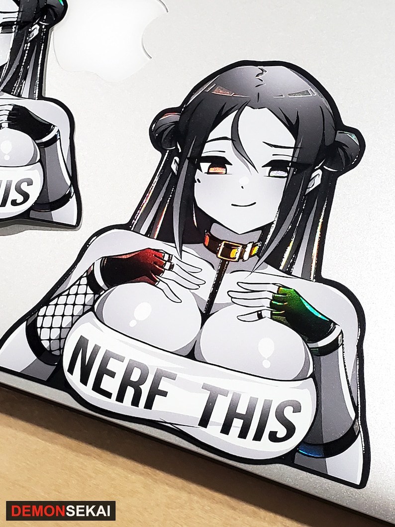 Nerf This! Busty Anime Waifu Peeker | Holographic Vinyl Sticker with Embossed Textures // Season 02 image 2