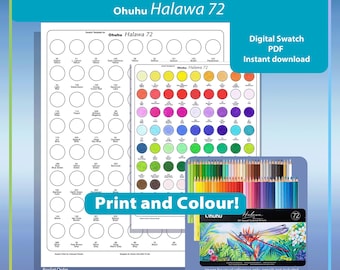 Swatch for 72 Ohuhu Halawa Colored Pencils Digital Colour Chart Names and Numbers Printable PDF Template Colouring Blank Chart by TCT