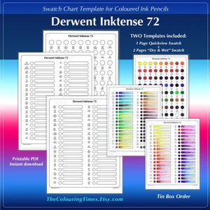 Derwent Inktense 72 pdf-staalsjabloon dubbele pagina nat en droog kleurenkaart voor aquarel inktpotloden namen en nummers klaar om af te drukken